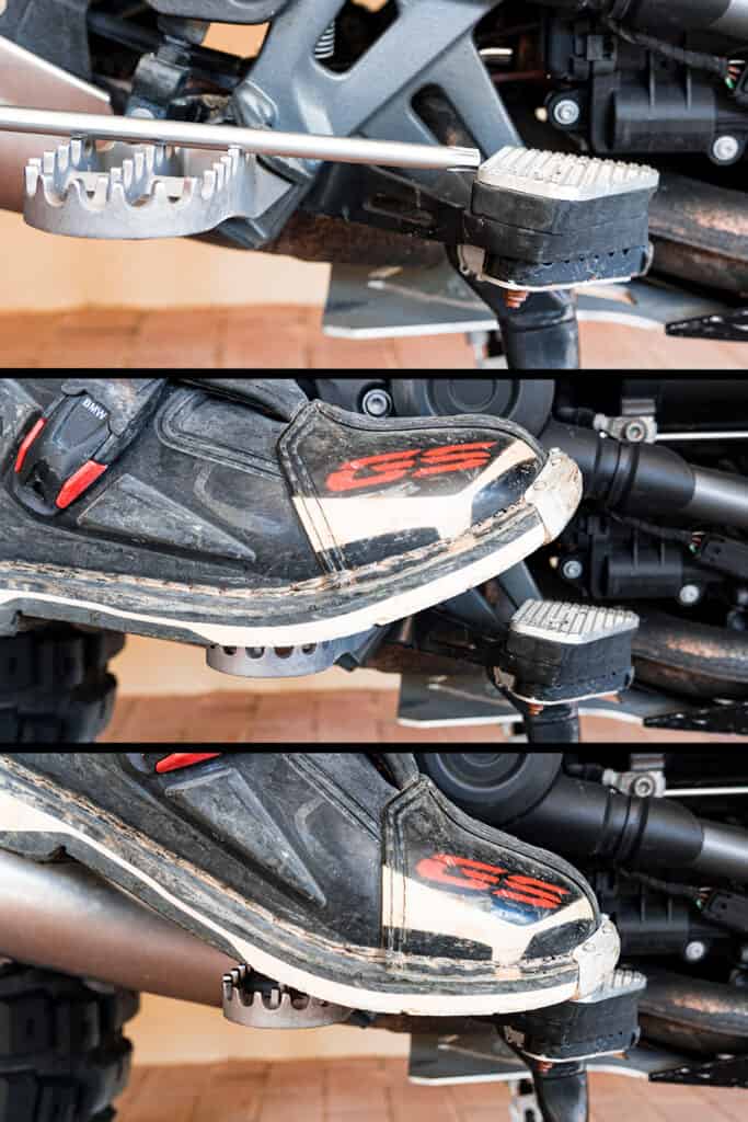 Photo illustrates proper position of foot and boot on motorcycle rear brake lever