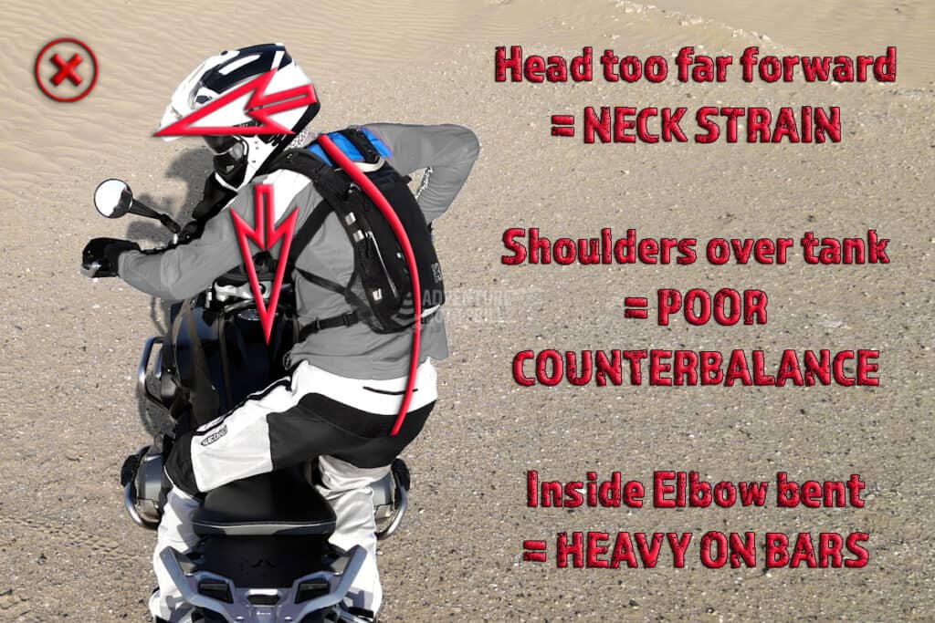 Improper shoulder positioning for an off-road motorcyclist during cornering