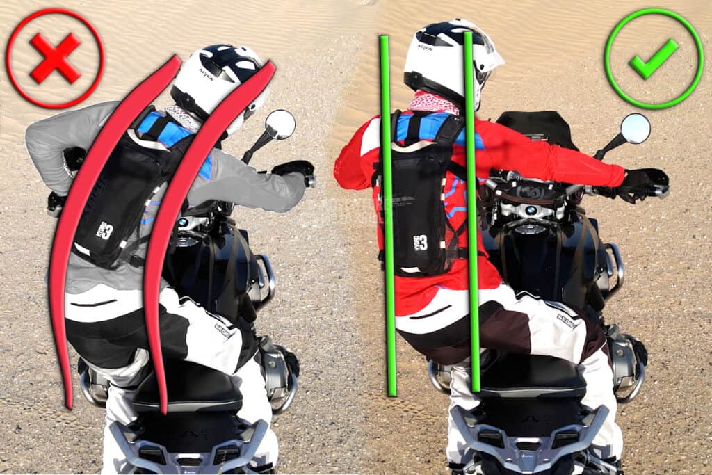 Image shows examples of poor and proper off-road cornering posture on an adventure motorcycle