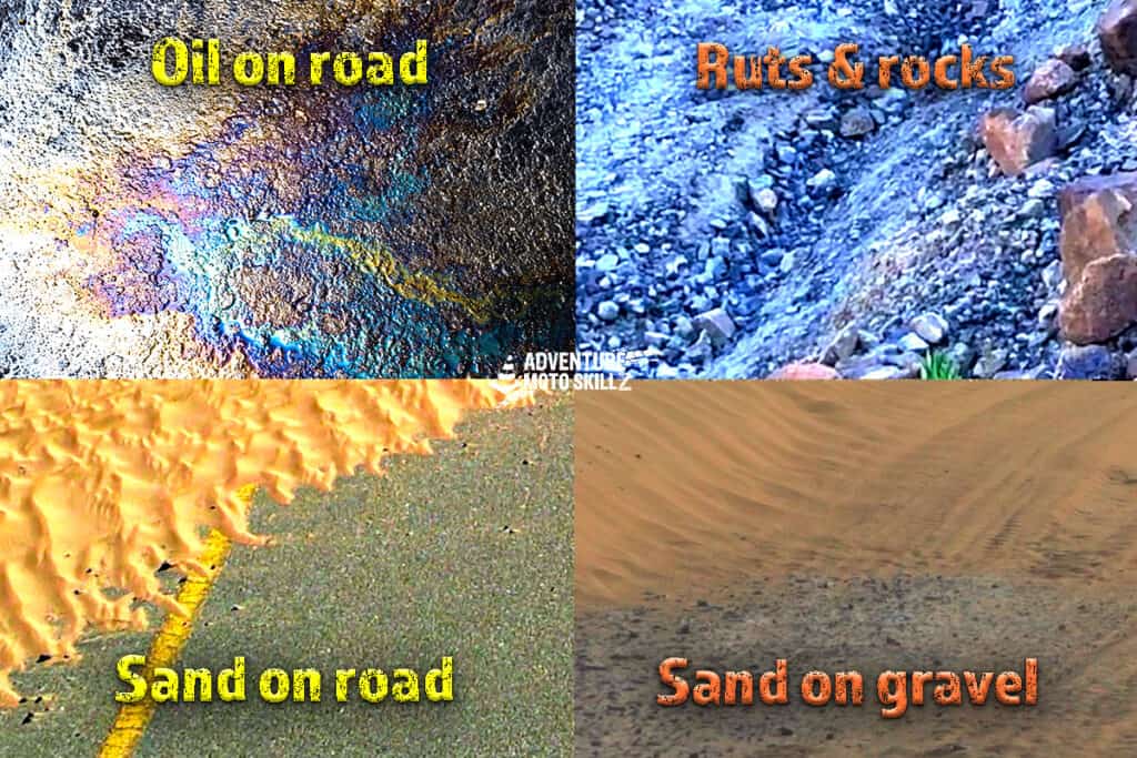 image shows multiple on and off road hazards for motorcyclist to plan for