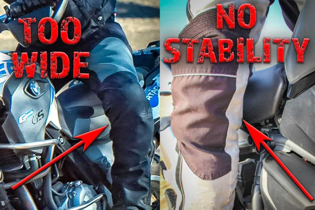 Close up of a motorcycle riders knee showing poor riding positioning