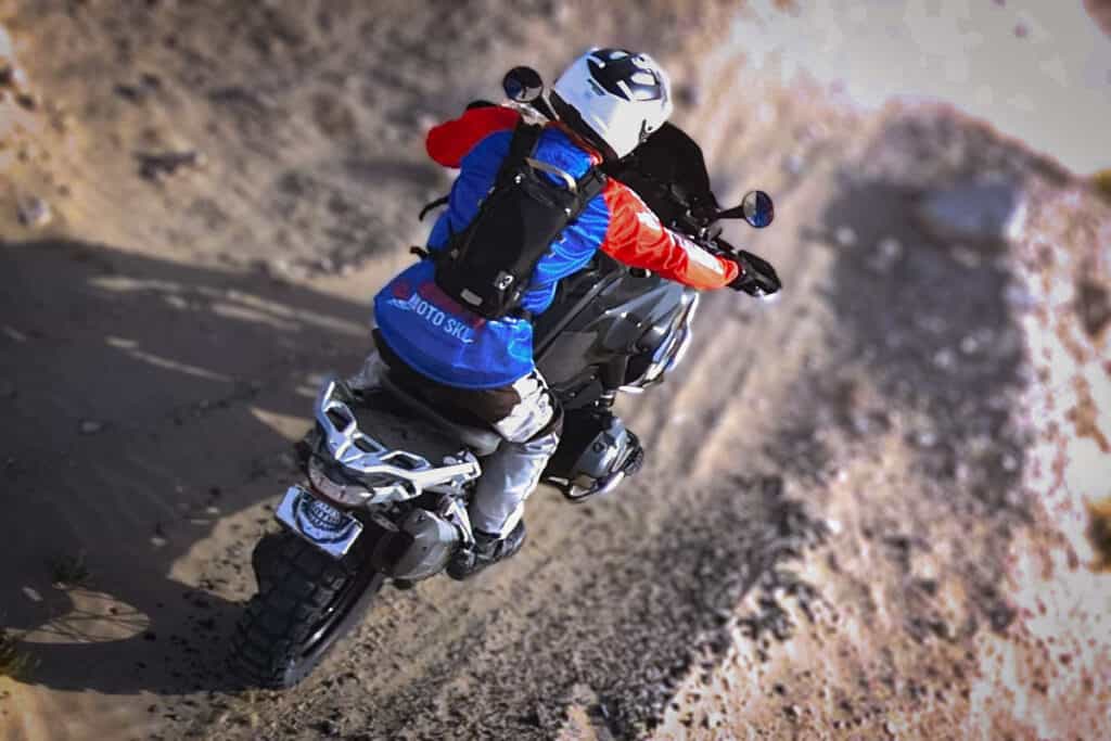 Motorcycle rider wearing a Kriega hydration back pack