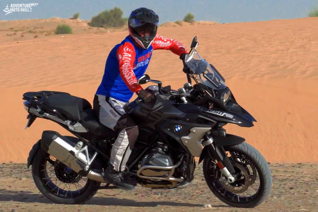 adventure motorcycle rider offroad in seated position